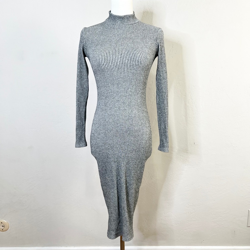 Lulus Midi Dress Mock Neck Bodycon Women Size S Gray Ribbed Knit Long Sleeve‎
